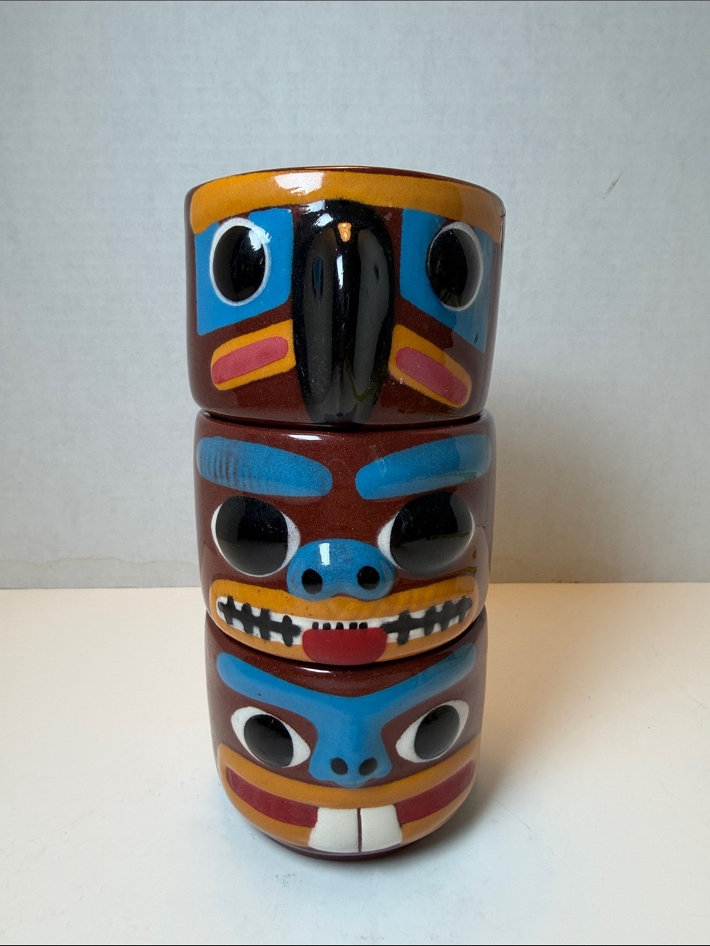 (3) Vintage Hinton Blaisdell Pottery Stackable Totem Pottery Mugs